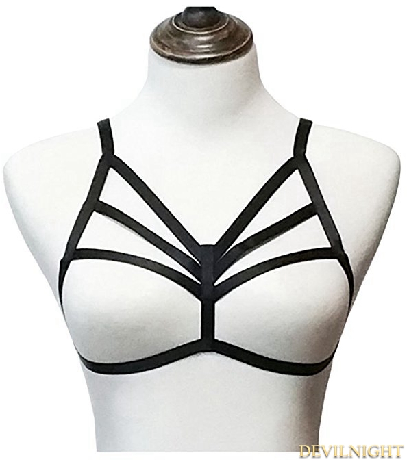 Black Elastic Sexy Gothic Harness Cupless Bra