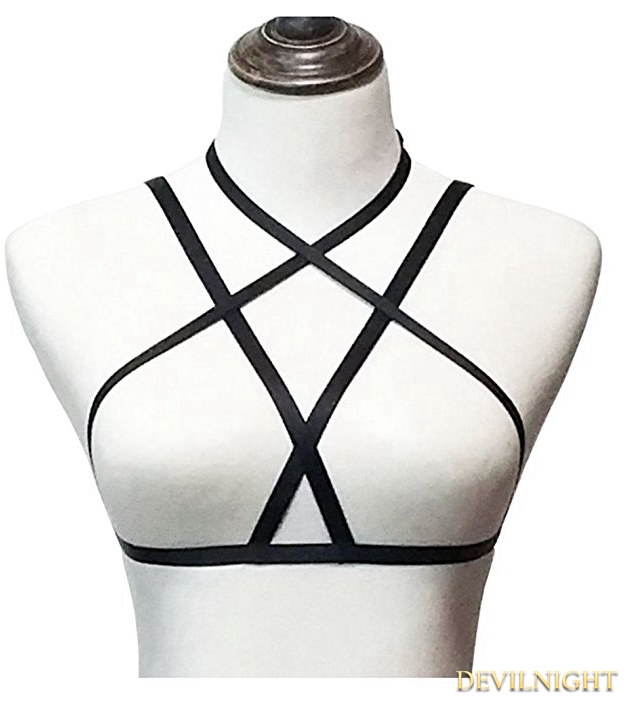 Black Elastic Simple Gothic Harness Cupless Bra