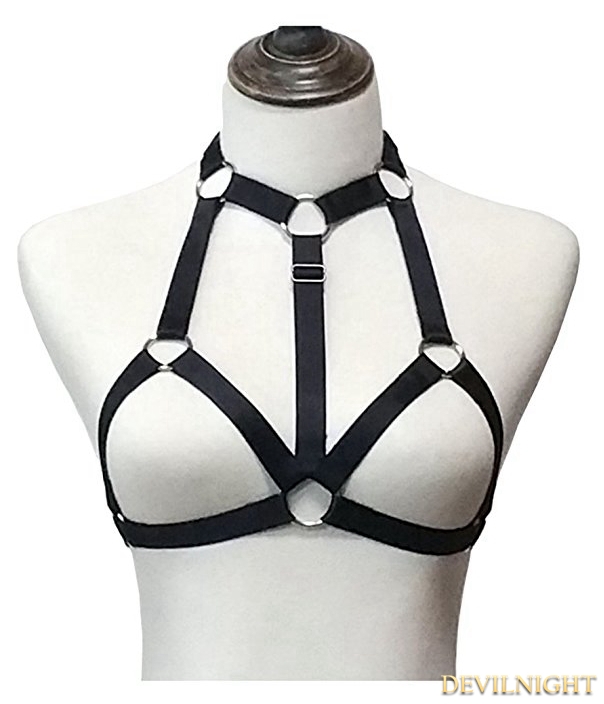 Black Elastic Gothic Hollow Out Harness Cupless Cage Bra