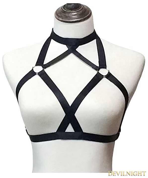 Black Elastic Sexy Gothic Harness Cupless Cage Bra