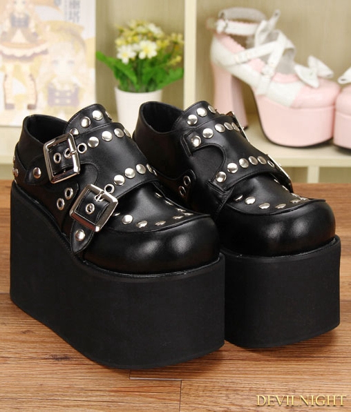 Black Gothic Punk PU Leather Rivet Buckle Belt Platform Shoes