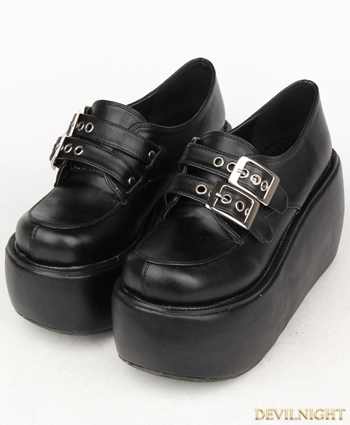 Black Gothic Punk Buckle Belt PU Leather Platform Shoes