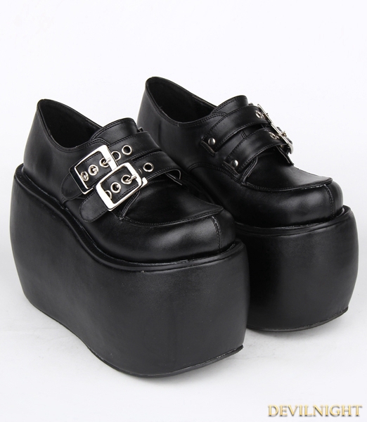 Black Gothic Punk PU Leather Buckle Belt Platform Shoes