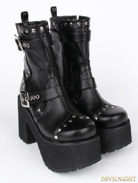 Black Gothic Punk PU Buckle Belt Platform Chunky Heel Mid-Calf Boots ...