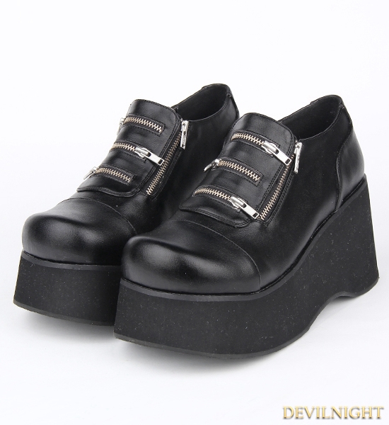 Black Gothic Punk PU Leather Zippers Platform Shoes