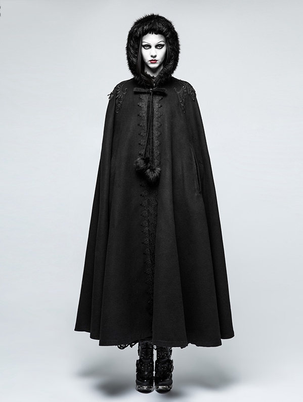 Black Winter Gothic Long Fur Cloak for Women