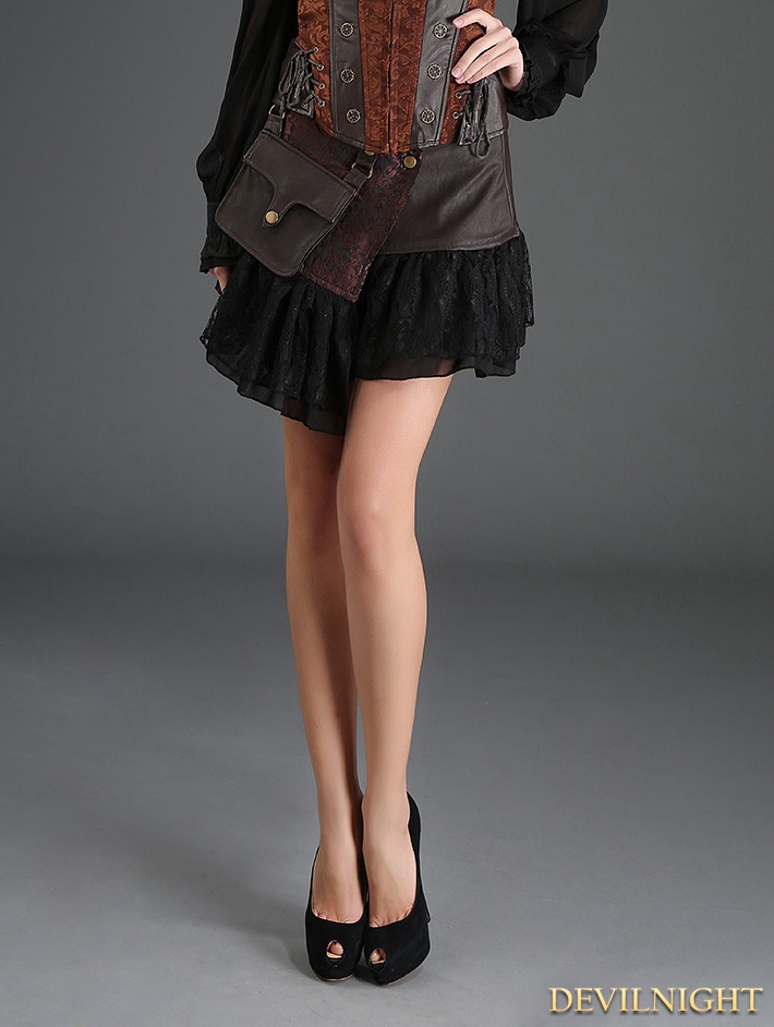 Coffee Steampunk Short PU Skirt with Pocket Bag