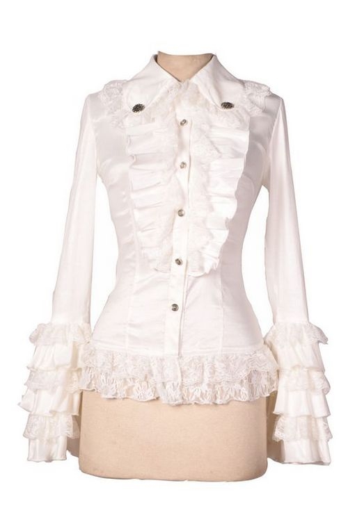 White Long Sleeves Ruffle Gothic Blouse for Women