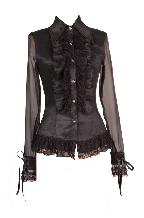 Black Sheer Long Sleeves Ruffle Gothic Blouse for Women