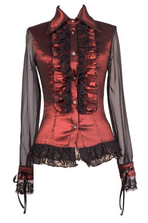 Red Sheer Long Sleeves Ruffle Gothic Blouse for Women