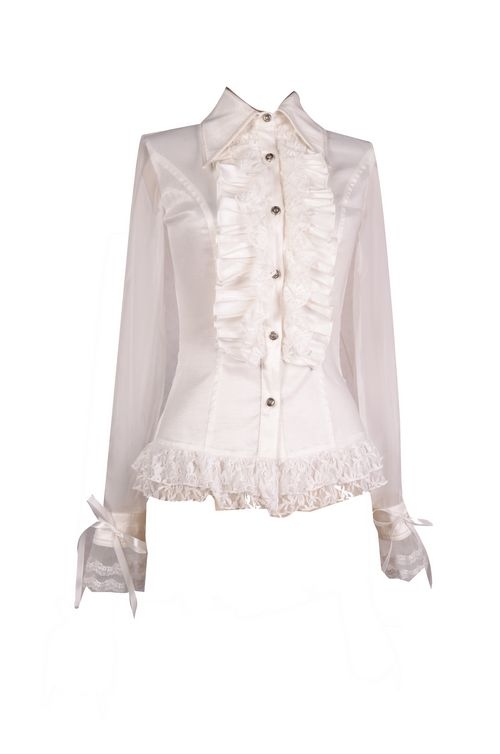 White Sheer Long Sleeves Ruffle Gothic Blouse for Women