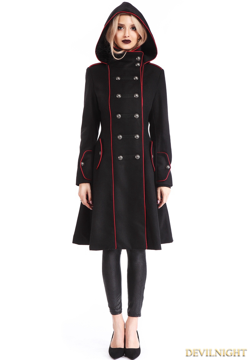 Black Gothic Hooded Double-Breasted Coat for Women