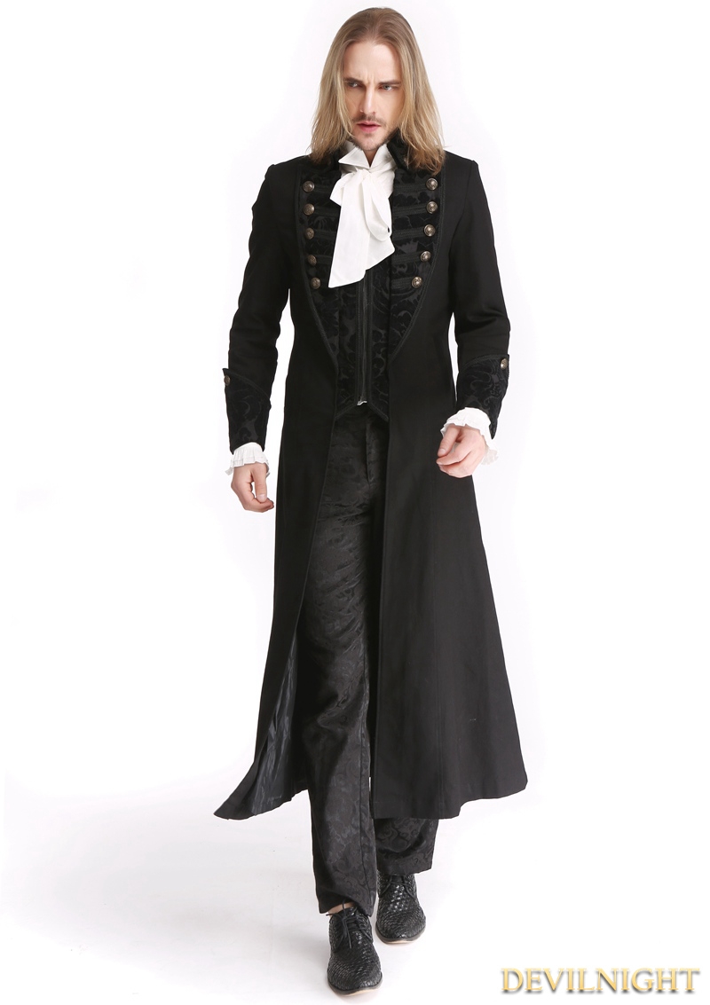 Black Vintage Pattern Gothic Long Double-Breasted Trench Coat for Men