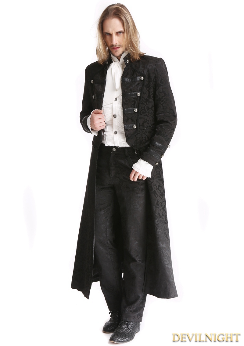 Black Vintage Pattern Gothic Two Wear Double-Breasted Coat for Men