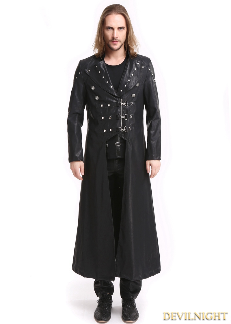 Black PU Leather Gothic Punk Military Style Long Trench Coat for Men