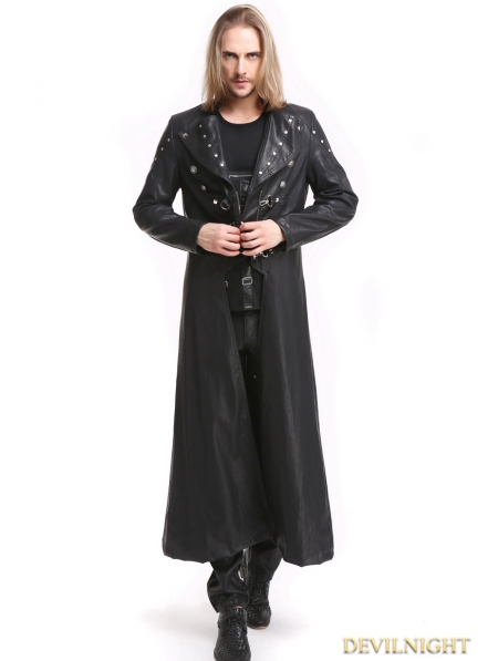 Black PU Leather Gothic Punk Military Style Long Trench Coat for Men ...