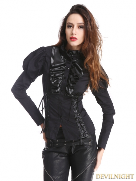 Black Gothic Bubble Sleeves Blouse for Women - Devilnight.co.uk