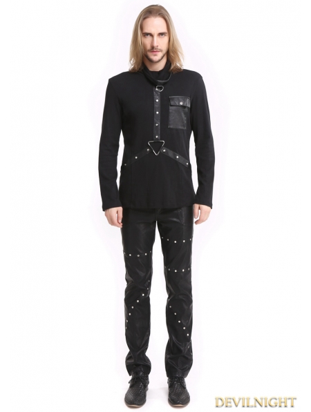 Black Gothic Punk High-Necked Shirt for Men - Devilnight.co.uk