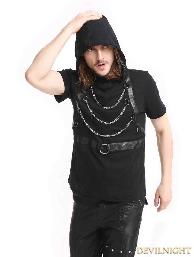 Black Gothic Punk Hooded Chain Short Sleeves Shirt for Men