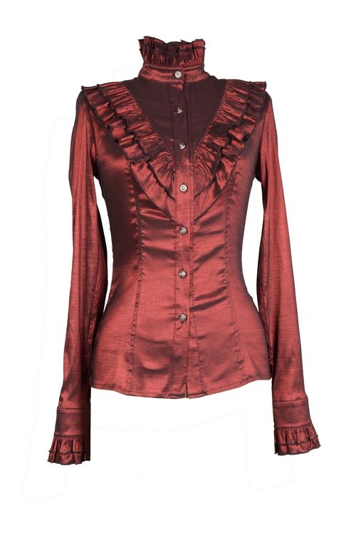 Red High Collar Long Sleeves Ruffle Gothic Blouse for Women