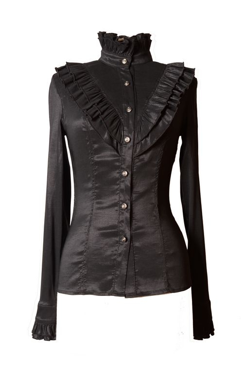 Black High Collar Long Sleeves Ruffle Gothic Blouse for Women