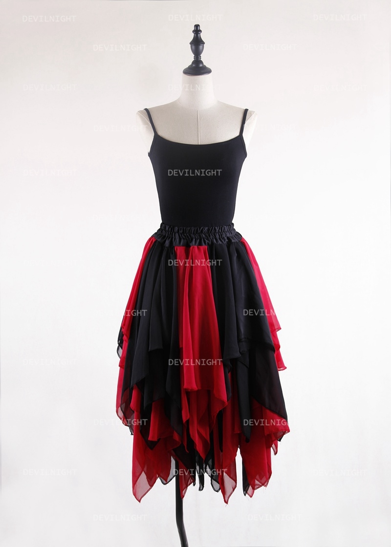 Black and Red Gothic Chiffon Irregular Knee Length Skirt