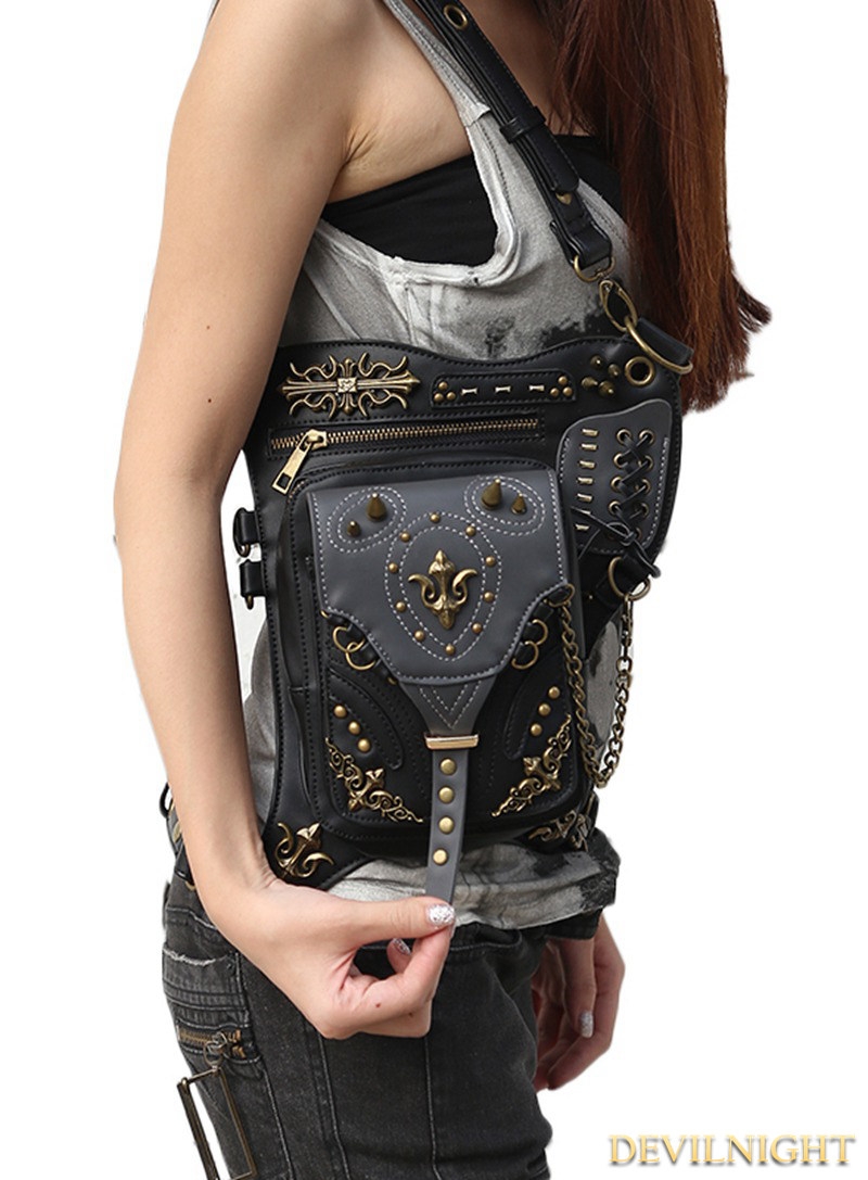 Black Vintage Gothic Steampunk Cross-body Motorcycle Waist Shoulder Messenger Bag 