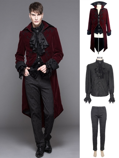 Wine Red Gothic Palace Style Suit for Men - Devilnight.co.uk