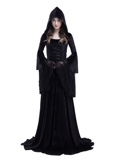 Black Gothic Medieval Vampire Hooded Dress Costume - Devilnight.co.uk