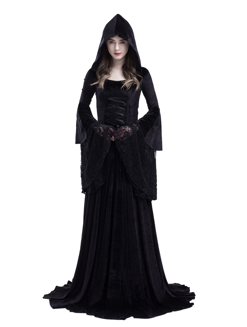 Black Gothic Medieval Vampire Hooded Dress Costume