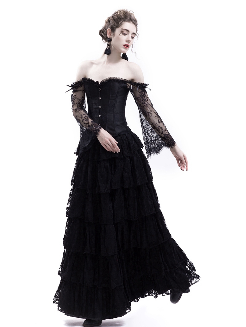 Black Lace Romantic Vintage Gothic Corset Long Prom Party Dress