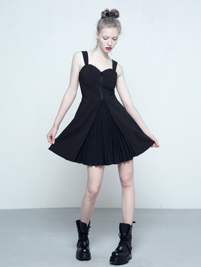 Black Gothic Chiffon A-Line Pleated Dress