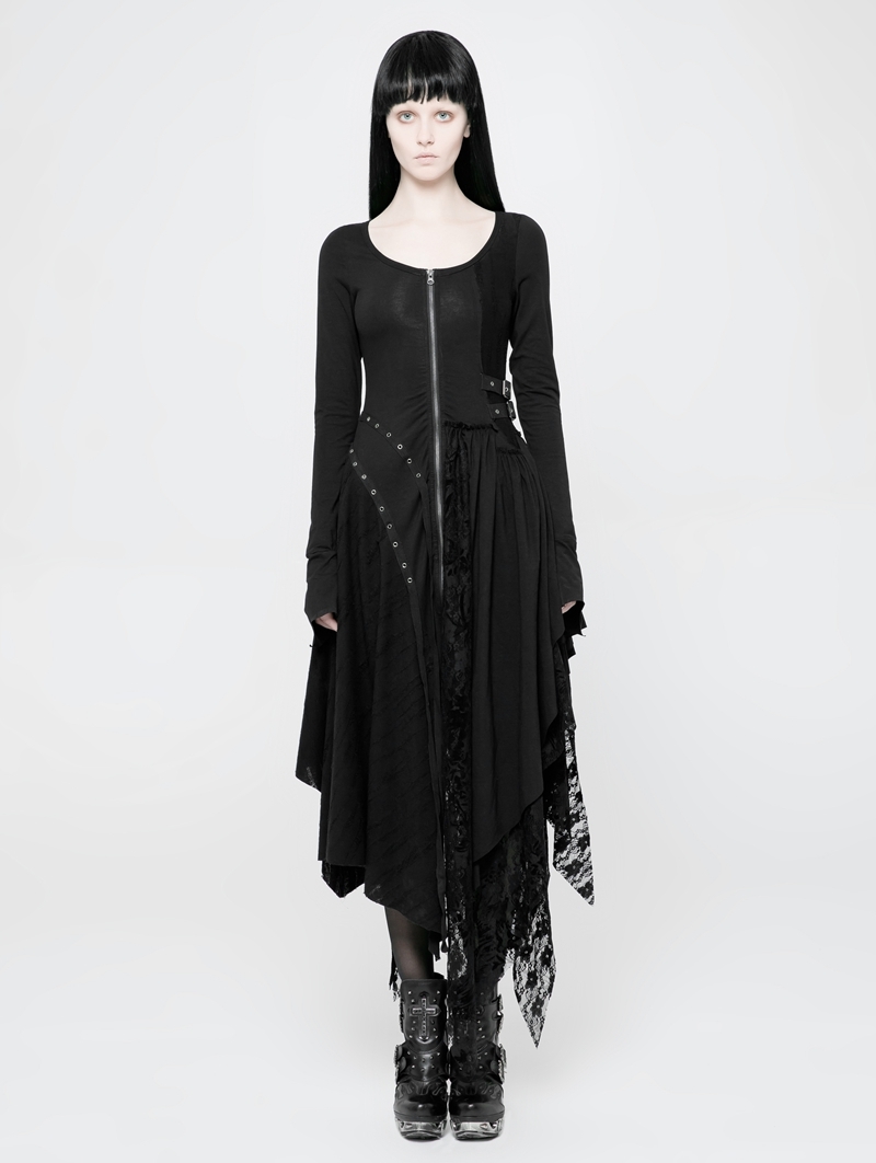 Black Gothic Punk Knitted Decadent Asymmetric Dress