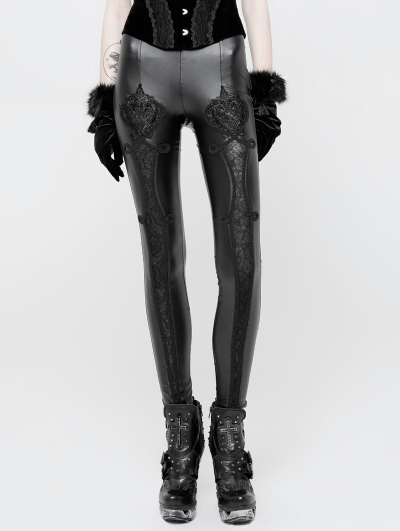 Black Gothic PU Love Floral Leggings for Women - Devilnight.co.uk