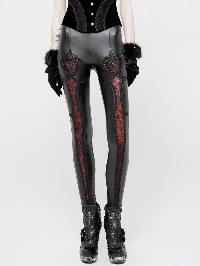 Black and Red Gothic PU Love Floral Leggings for Women