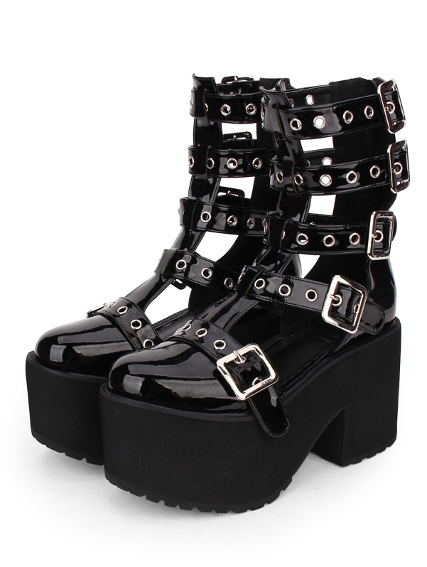 Black Gothic Punk Rivet Buckle Belt Platform Sandals