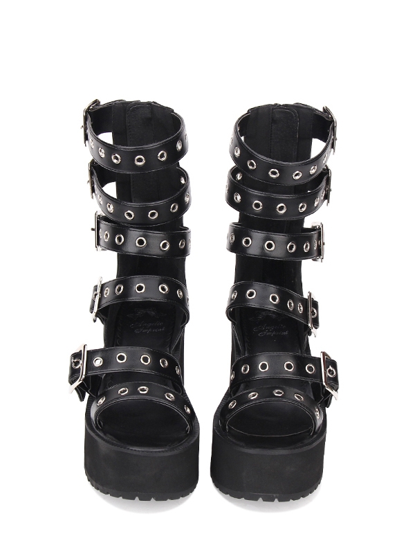 Black Punk Rivet Buckle Belt Platform Sandals