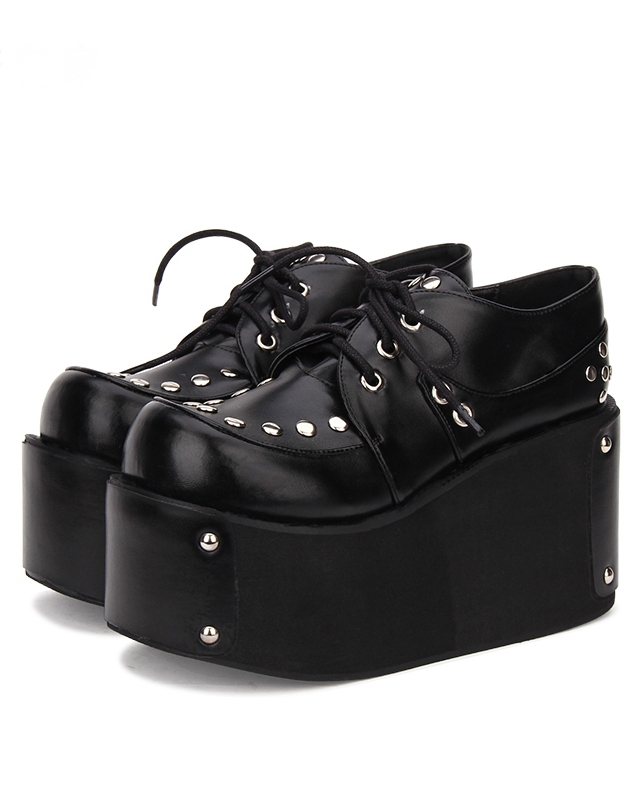 Black Gothic Punk Rivet Lace-up Platform Shoes