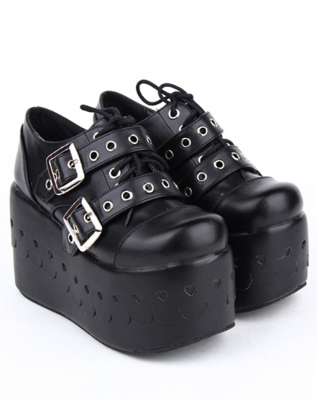 Black Gothic Punk Rivet Belt Lace-up Platform Shoes - Devilnight.co.uk