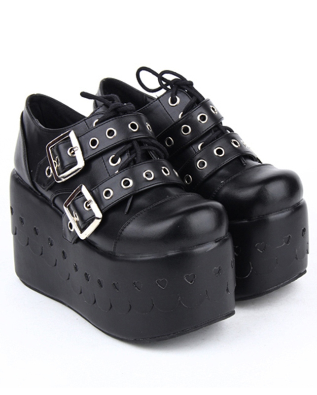 Black Gothic Punk Rivet Belt Lace-up Platform Shoes