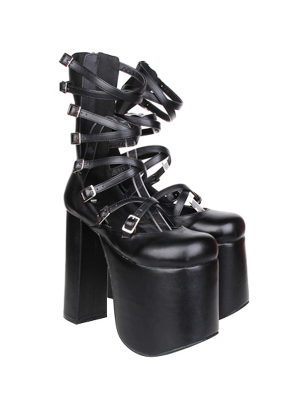 Black Gothic Punk Buckle Belt High Heel Shoes