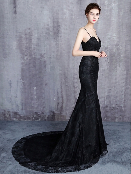 Black Gothic Lace Appliqued Sexy Mermaid Wedding Dress - Devilnight.co.uk
