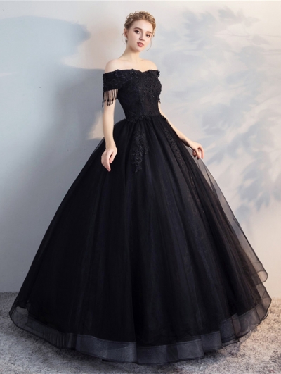 Black Gothic Off-the-Shoulder Lace Appliqued Ball Gown Wedding Dress ...