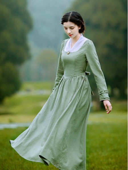 Green Long Sleeves Vintage Medieval Inspired Underwear Dress ...