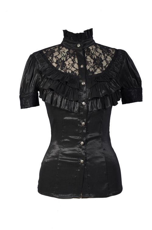 Black High Collar Short Sleeves Lace Womens Gothic Blouse