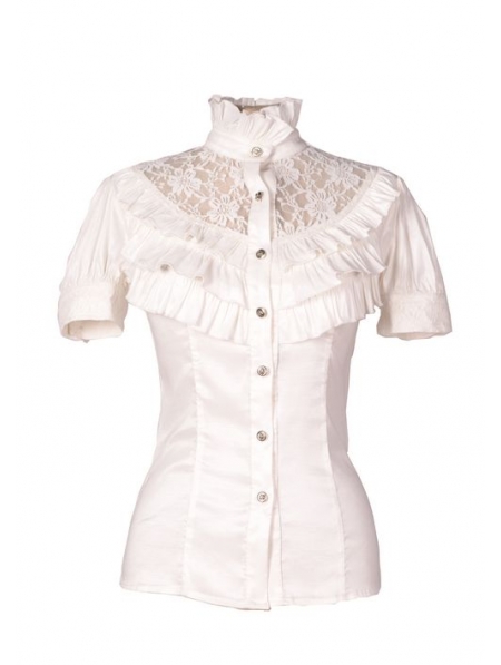 White High Collar Short Sleeves Lace Womens Gothic Blouse - Devilnight ...