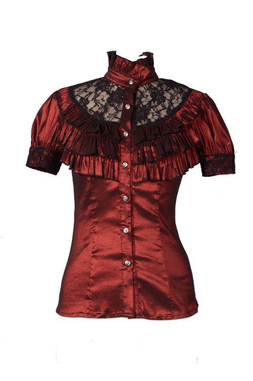 Red High Collar Short Sleeves Lace Womens Gothic Blouse