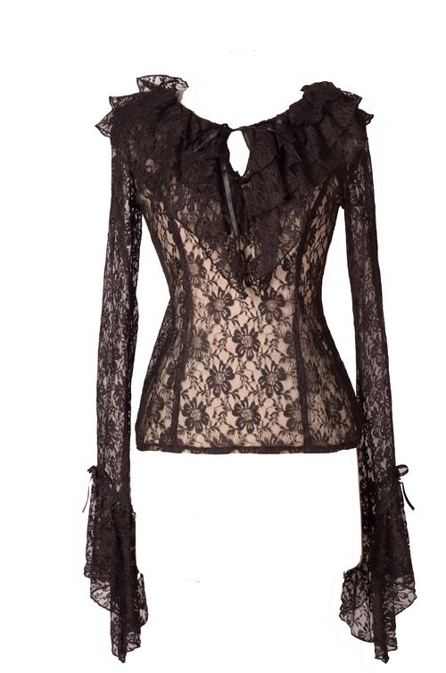 Black Romantic Long Trumpet Sleeves Lace Womens Gothic Blouse