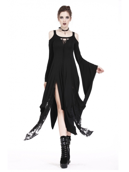 Black Romantic Gothic Irregular Long Dress - Devilnight.co.uk