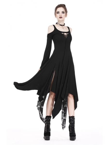 Black Romantic Gothic Irregular Long Dress - Devilnight.co.uk